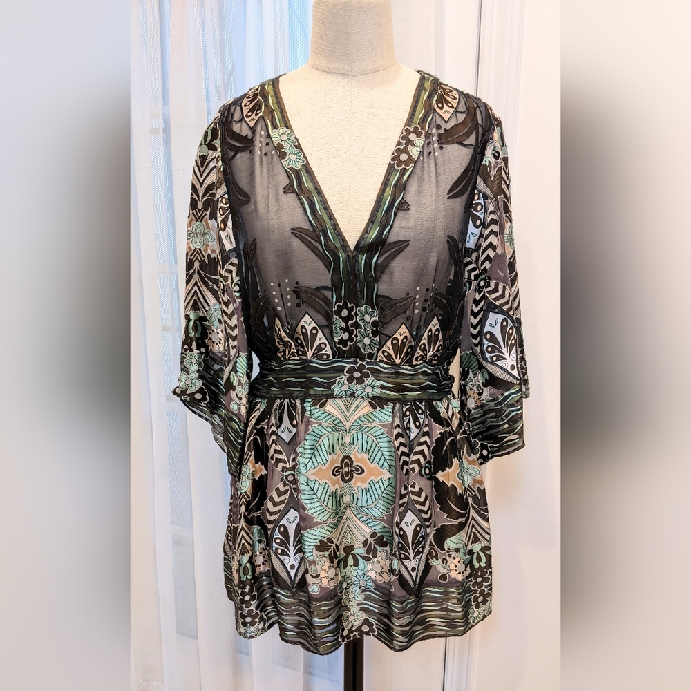 Eci 1X silk burnout tunic top tie backs fit & flare blue brown sheer Boho blouse